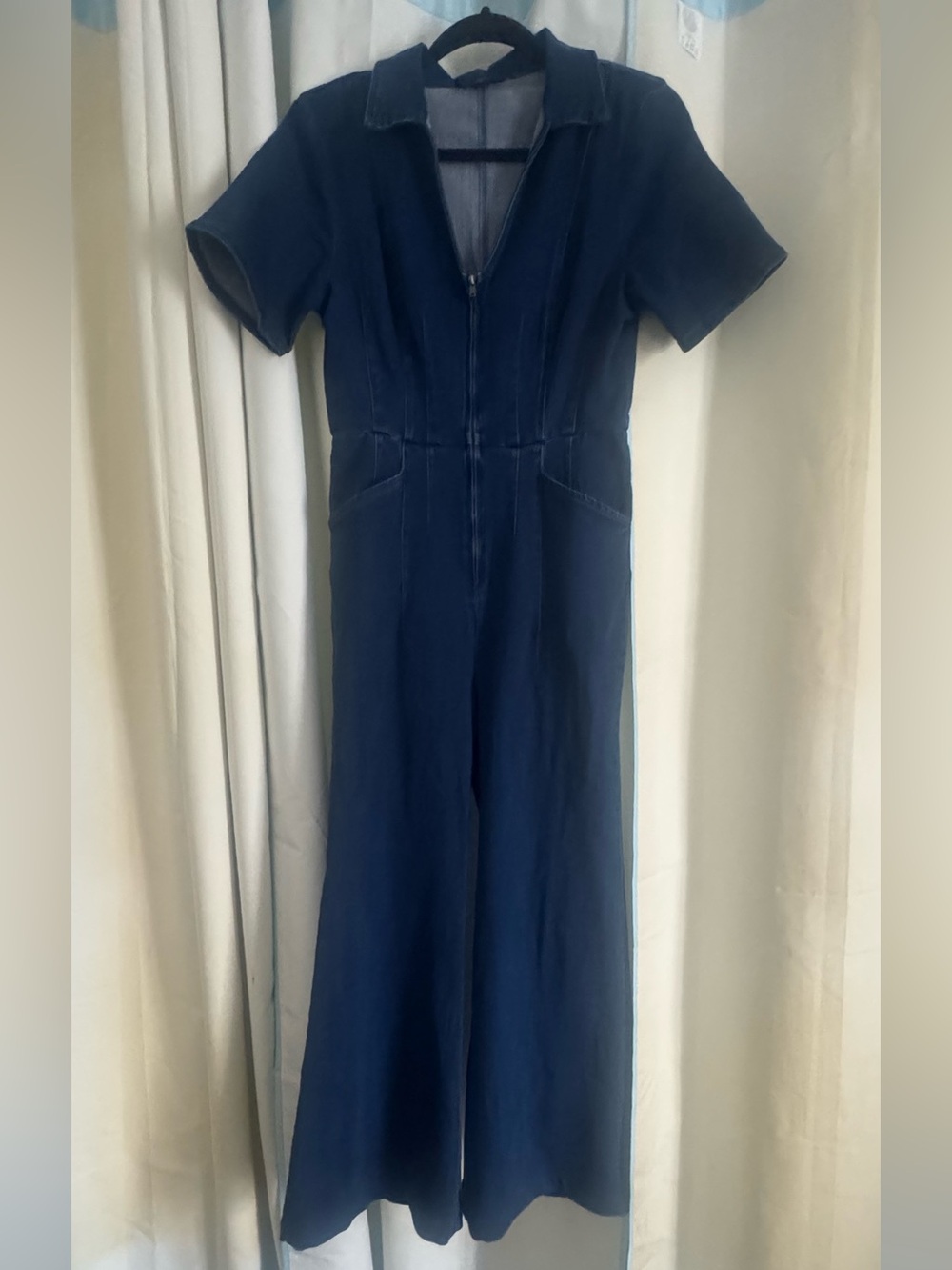 Flying Tomato Navy Short-Sleeve Wide-Leg Zip-Front Jumpsuit